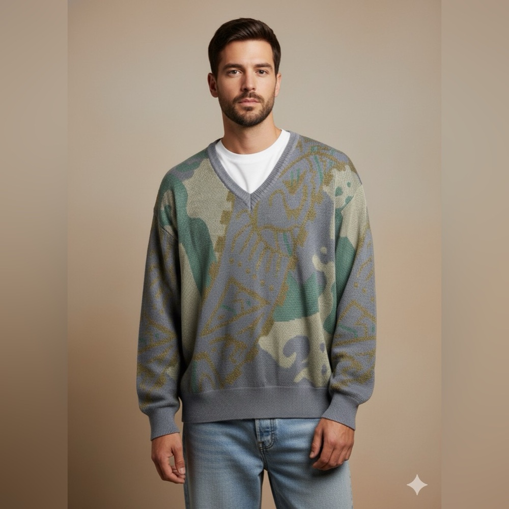Destinare Uomo Vintage Style Abstract Camo V-Neck Knit Sweater L